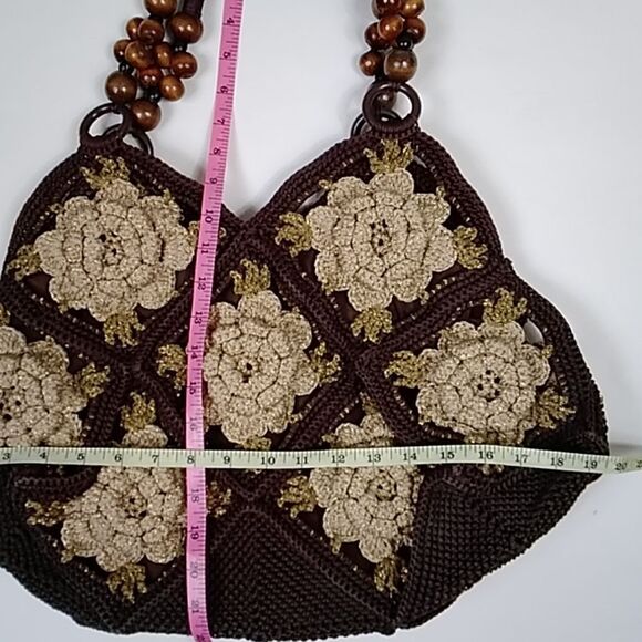 VTG, Crochet Style Retro Handmade Floral Handbag And Shoulder Bag Brown And Gold - Picture 12 of 16